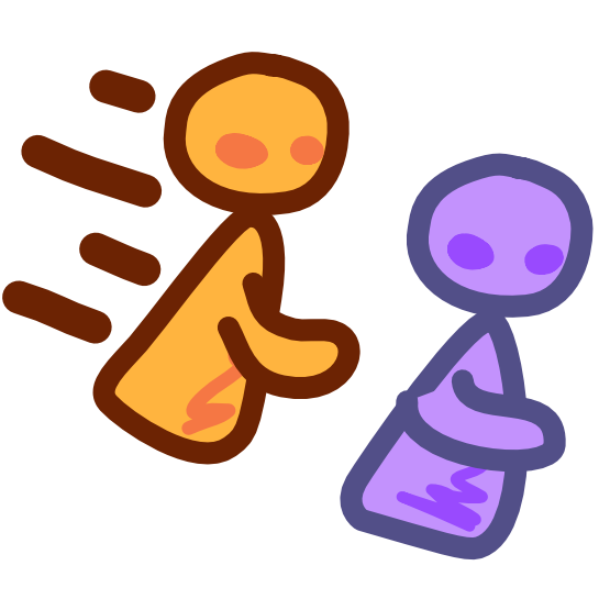 Two figures appear to be running. The first, a yellow figure on the left side of the image, has brown diagonal lines trailing behind it, emphasizing motion. The second figure, which is purple, is positioned slightly in front of and below the yellow figure. The image has dark line art.